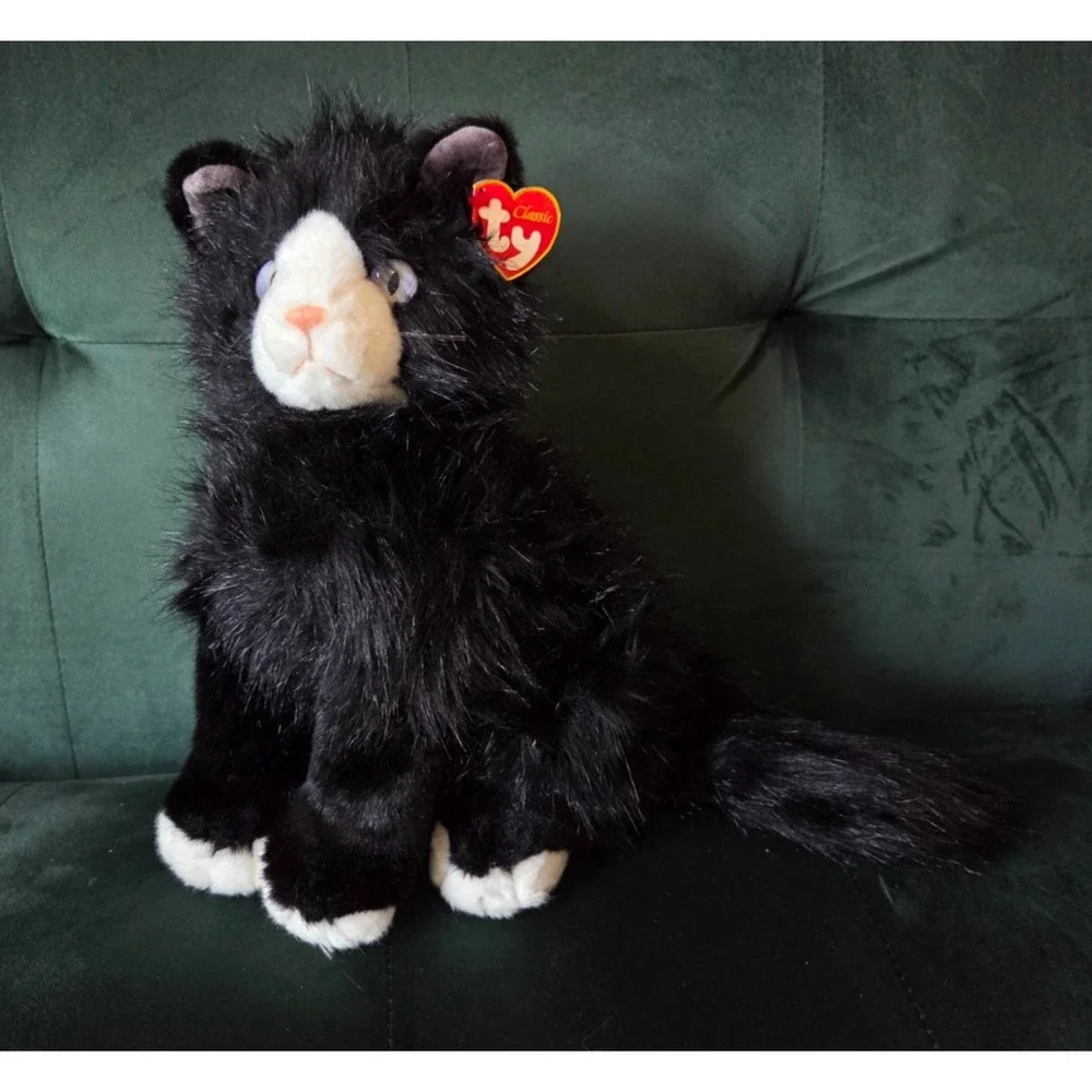 TY Classic Shadow Black White Tuxedo Cat Plush Stuffed Animal Sitting 1999